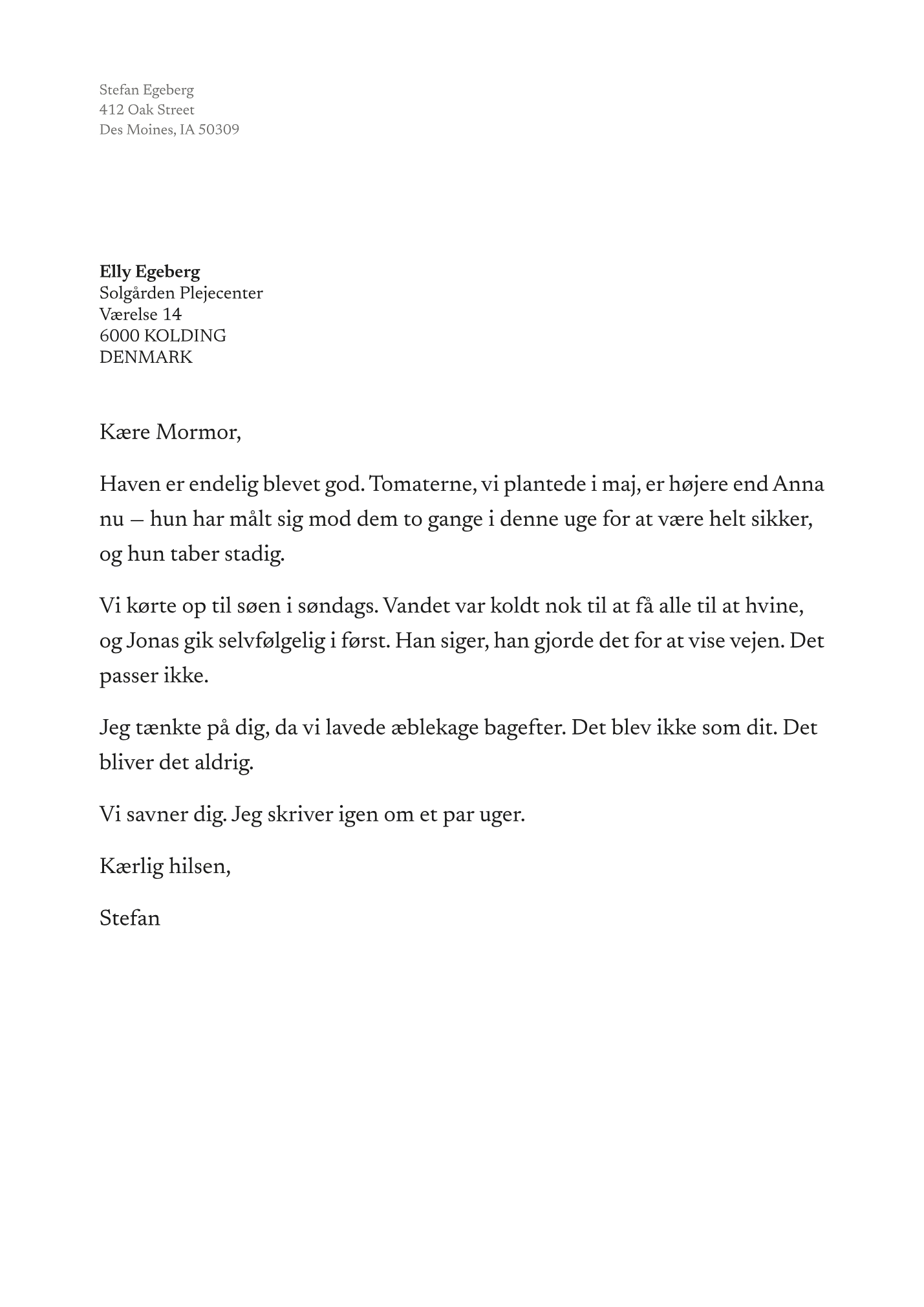 A printed farfar letter in Danish, addressed to a care home in Kolding, set in large serif type.